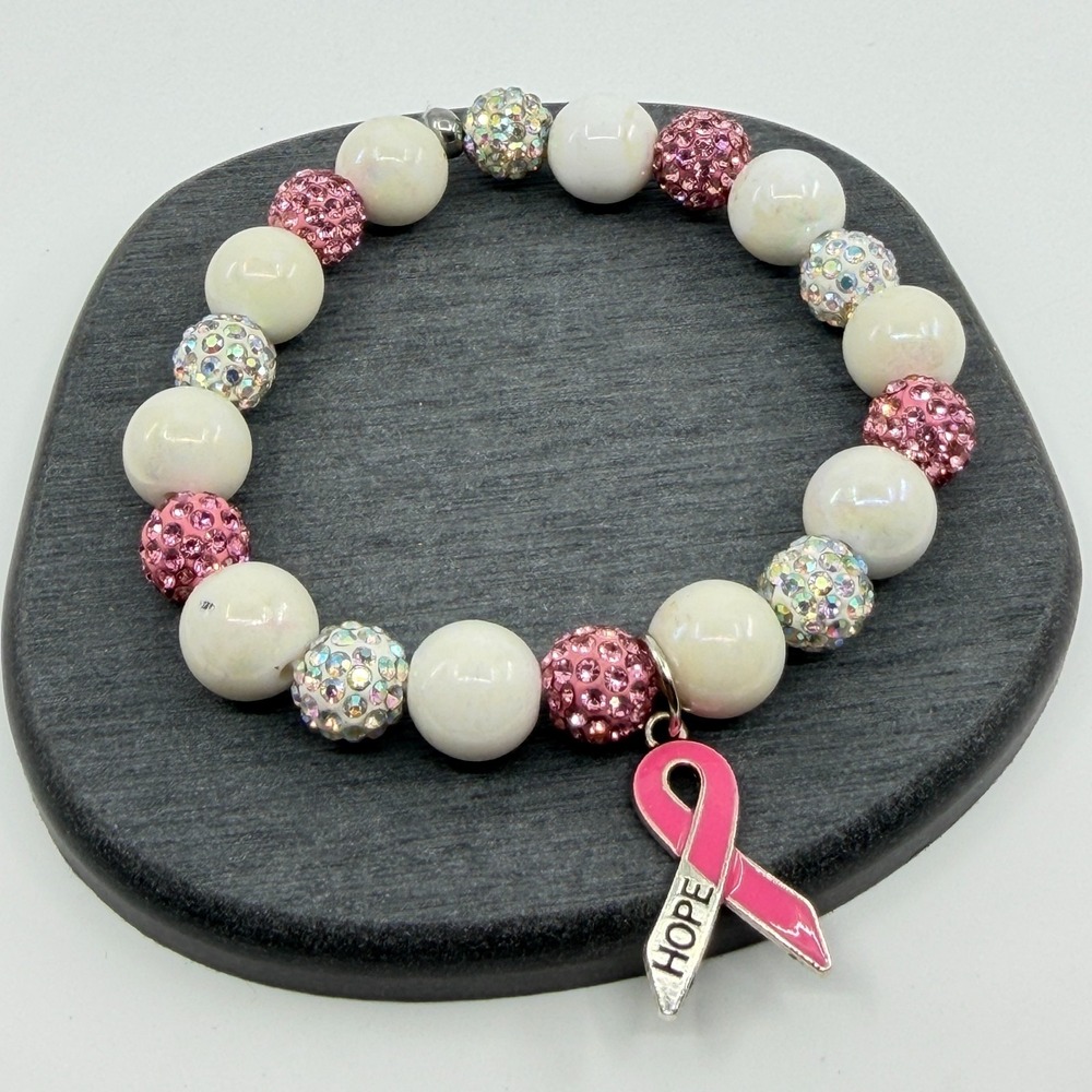 Pink Ribbon Hope Charm Beaded Stretch Bracelet Breast Cancer Awareness Boho